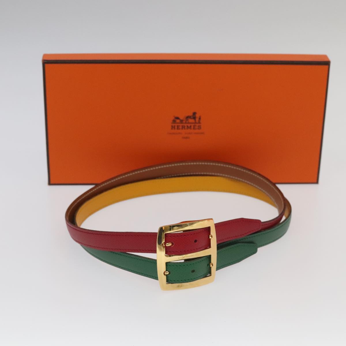 HERMES Belt Leather 28.3"" Multicolor Gold Auth 94310