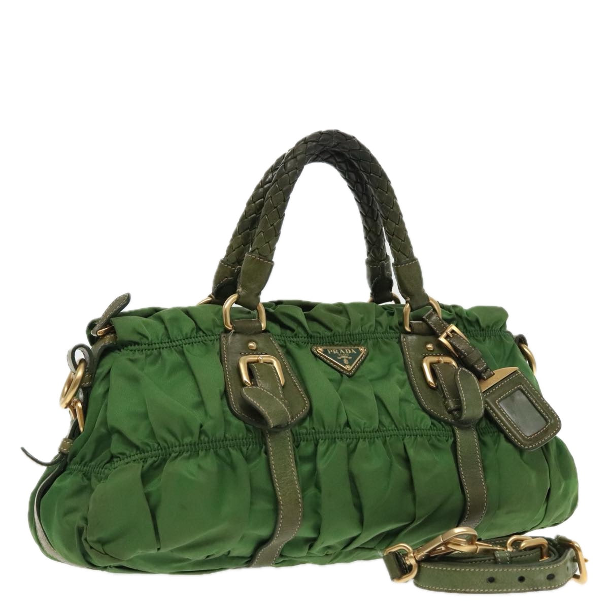 PRADA Hand Bag Nylon 2way Green Gold Auth 94398