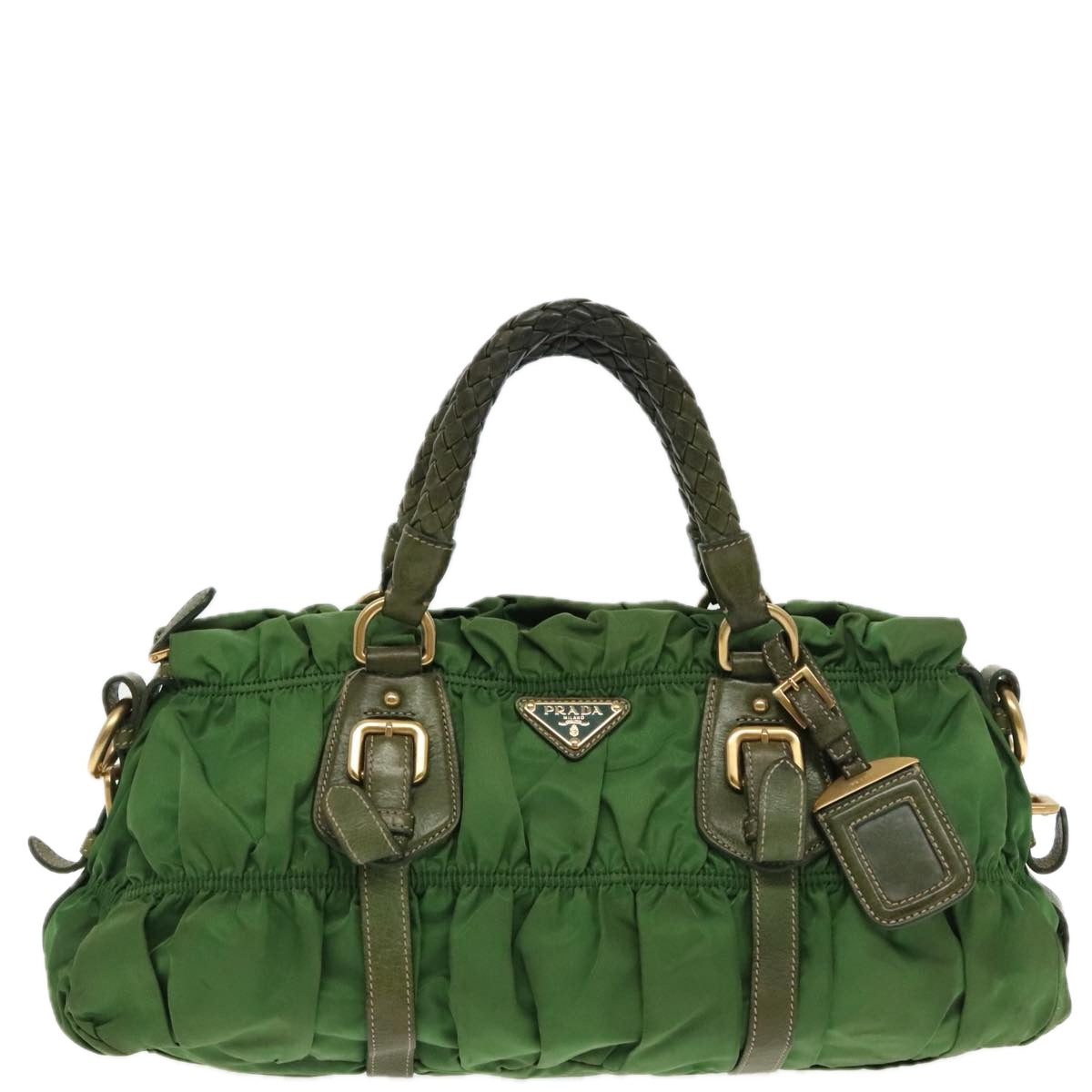 PRADA Hand Bag Nylon 2way Green Gold Auth 94398