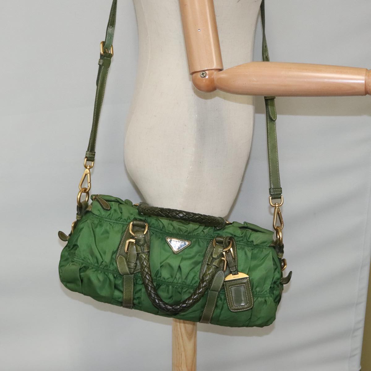 PRADA Hand Bag Nylon 2way Green Gold Auth 94398