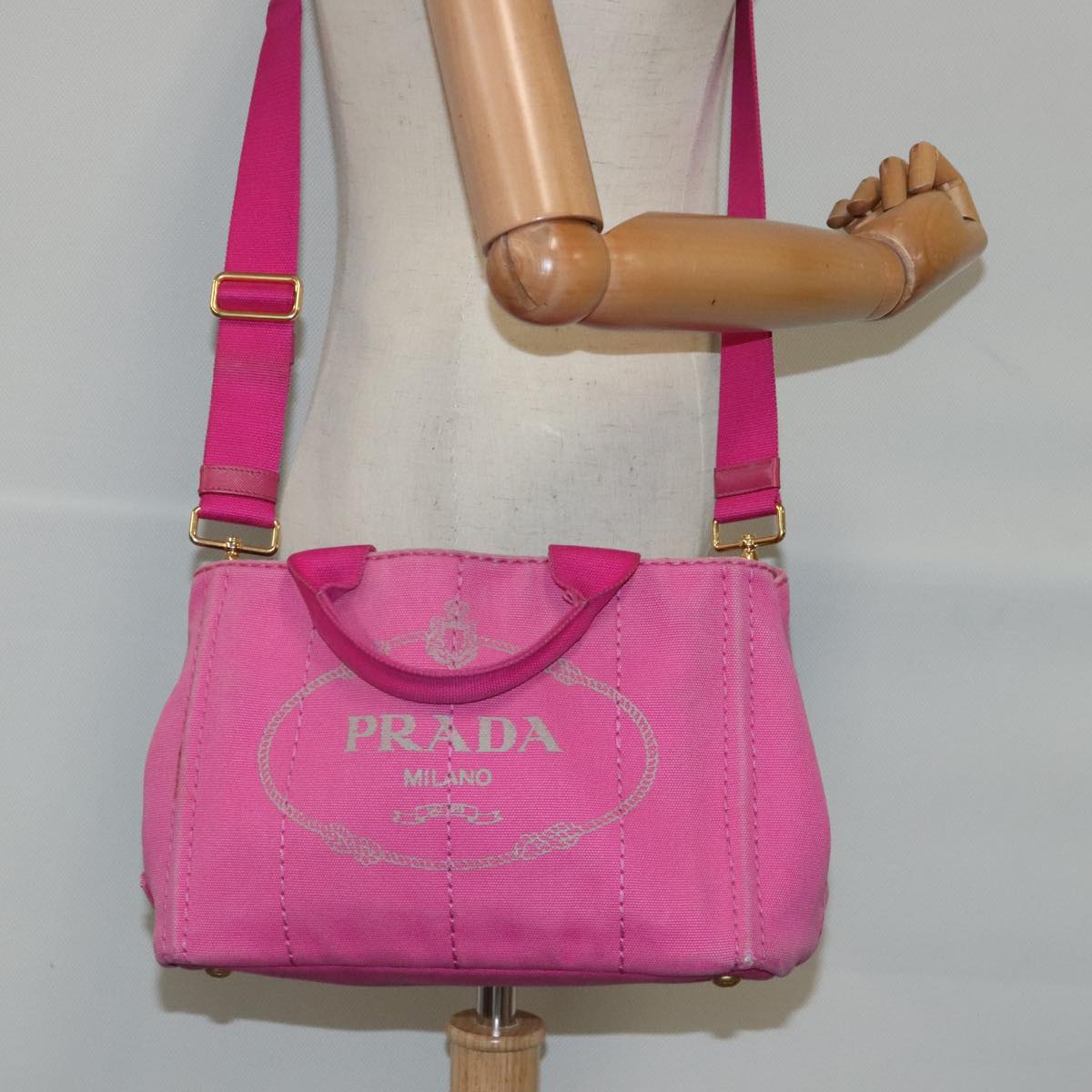 PRADA Canapa PM Hand Bag Canvas 2way Pink Gold Auth 94399