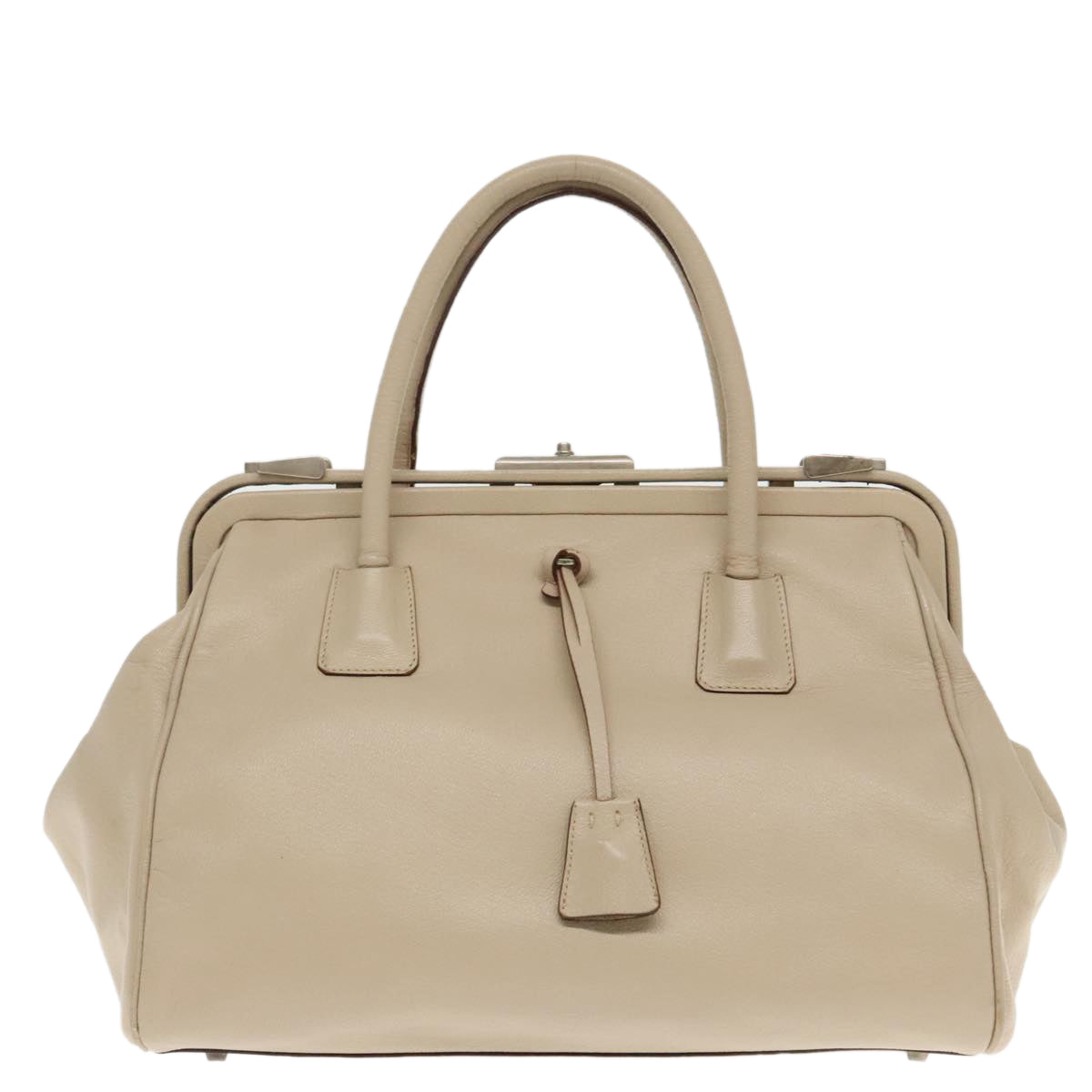 PRADA Hand Bag Leather Beige Silver Auth 94401 - 0