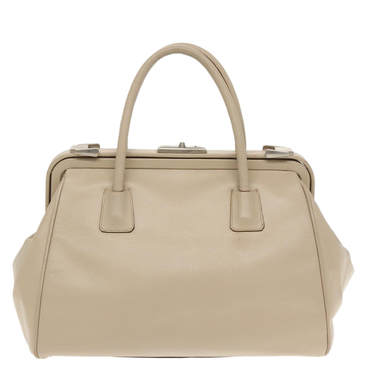 PRADA Hand Bag Leather Beige Silver Auth 94401