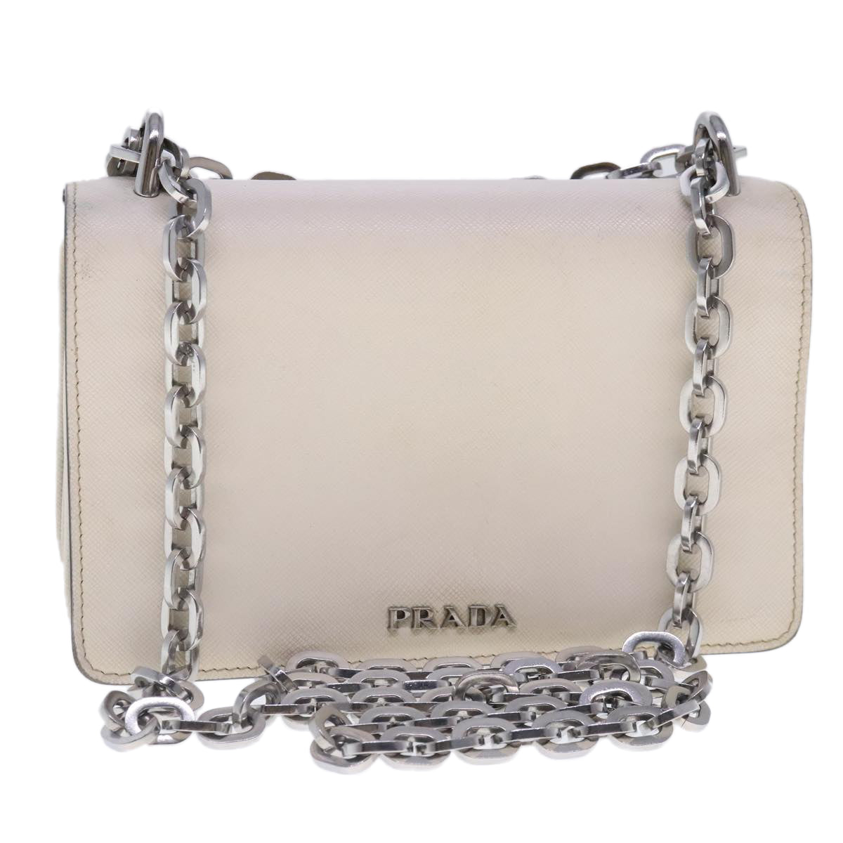 PRADA Chain Shoulder Bag Safiano leather White Silver Auth 94404