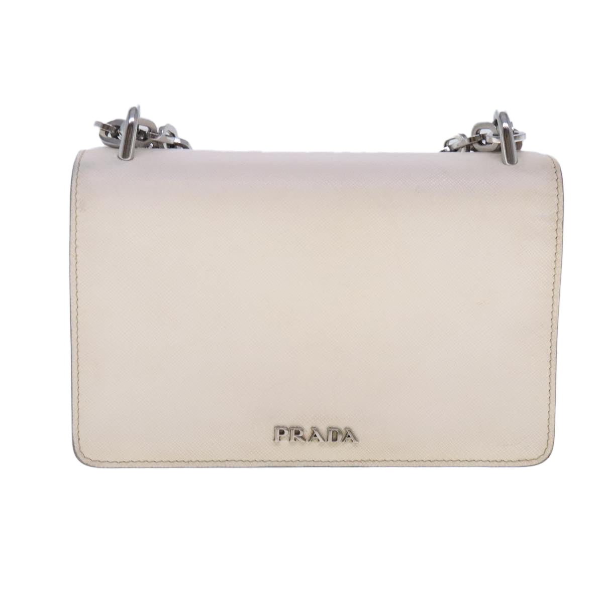 PRADA Chain Shoulder Bag Safiano leather White Silver Auth 94404