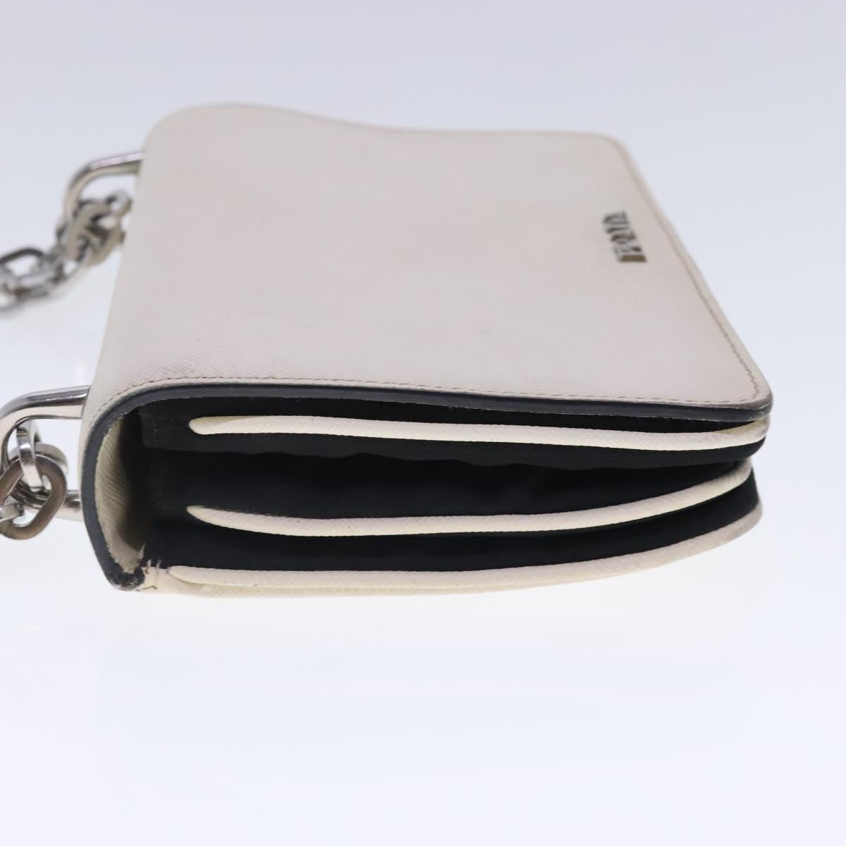 PRADA Chain Shoulder Bag Safiano leather White Silver Auth 94404