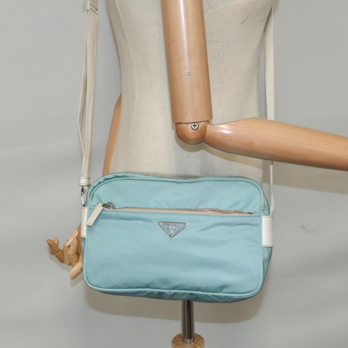 PRADA Shoulder Bag Nylon Light Blue Silver Auth 94405