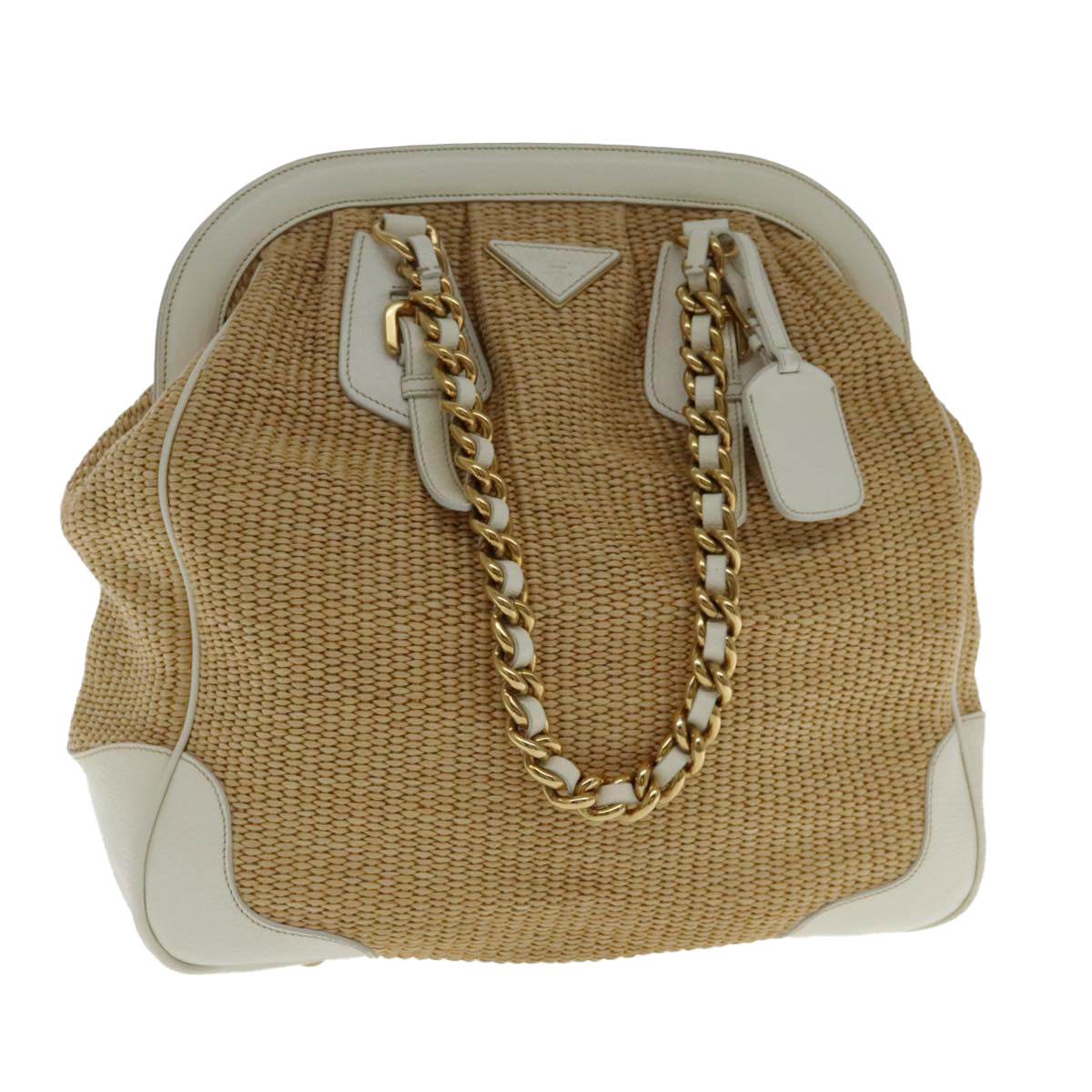 PRADA Chain Shoulder Bag Straw Leather Beige Gold Auth 94407