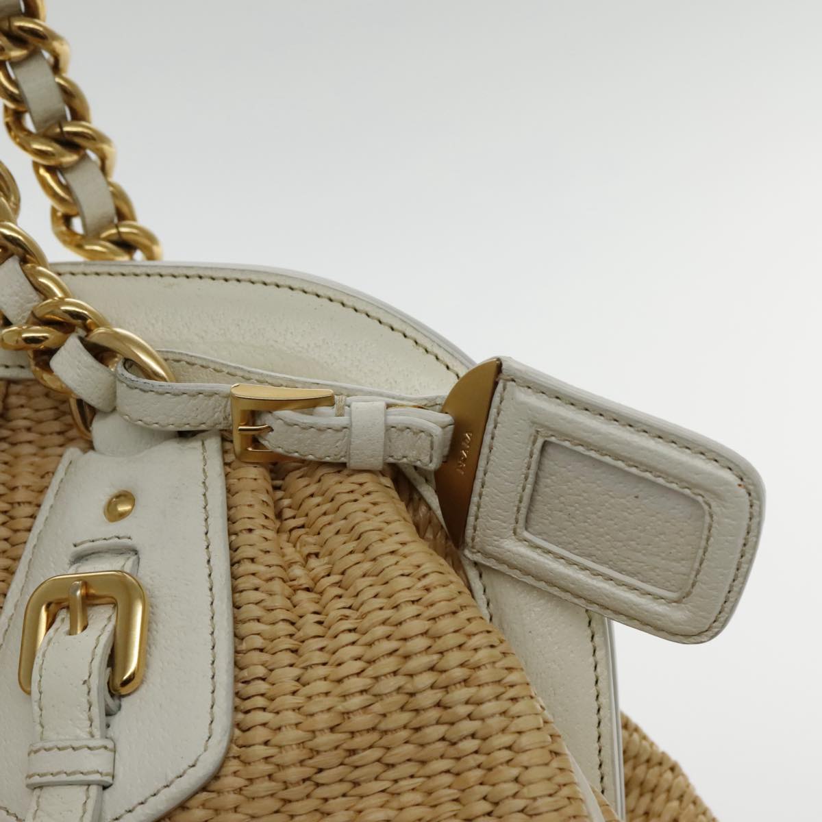 PRADA Chain Shoulder Bag Straw Leather Beige Gold Auth 94407