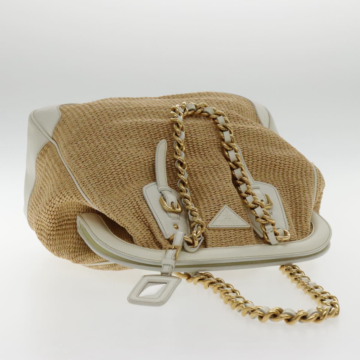 PRADA Chain Shoulder Bag Straw Leather Beige Gold Auth 94407