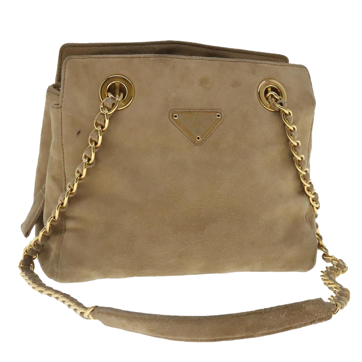 PRADA Chain Shoulder Bag Suede Beige Gold Auth 94408