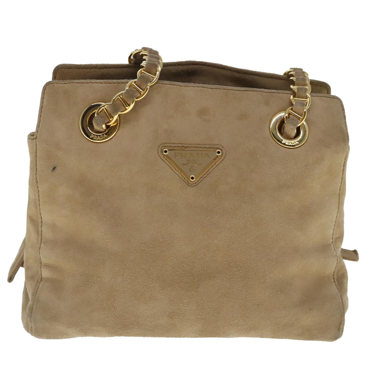 PRADA Chain Shoulder Bag Suede Beige Gold Auth 94408 - 0