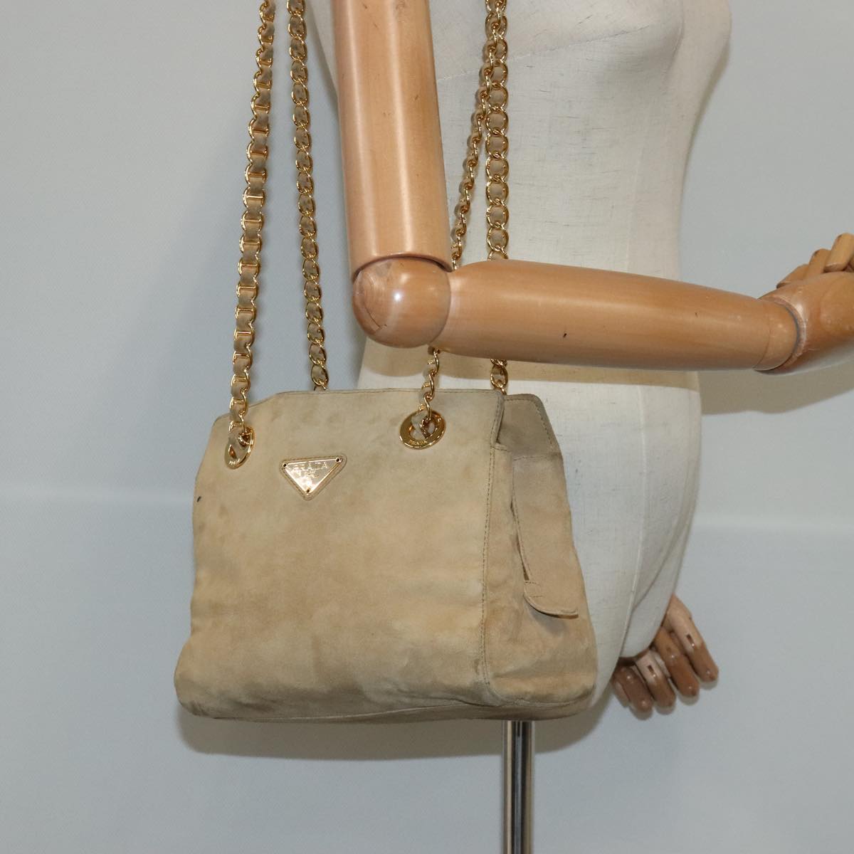 PRADA Chain Shoulder Bag Suede Beige Gold Auth 94408