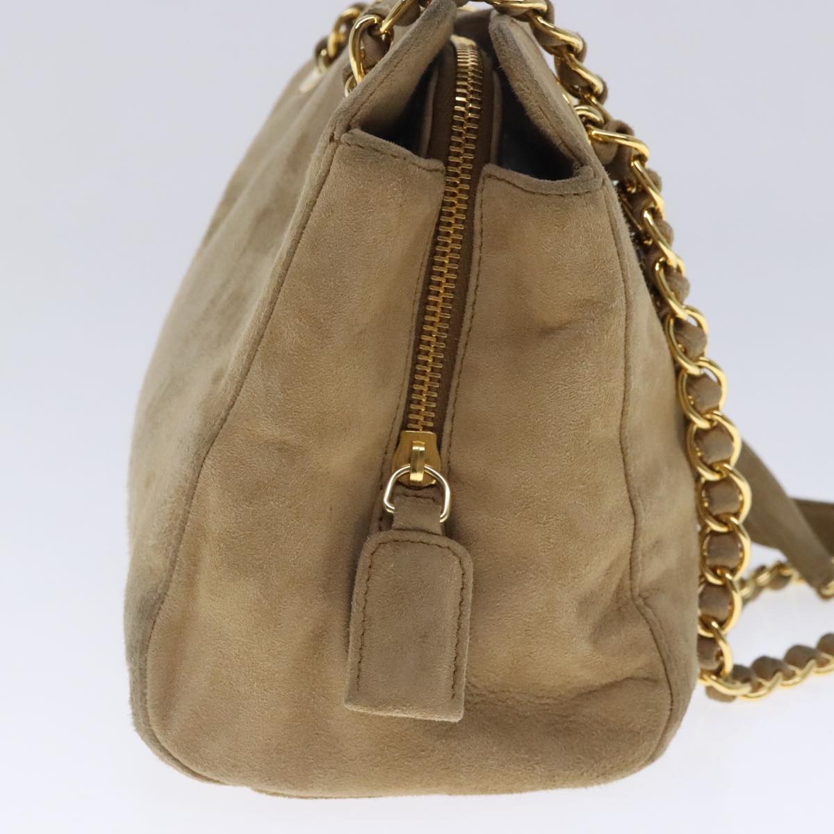 PRADA Chain Shoulder Bag Suede Beige Gold Auth 94408