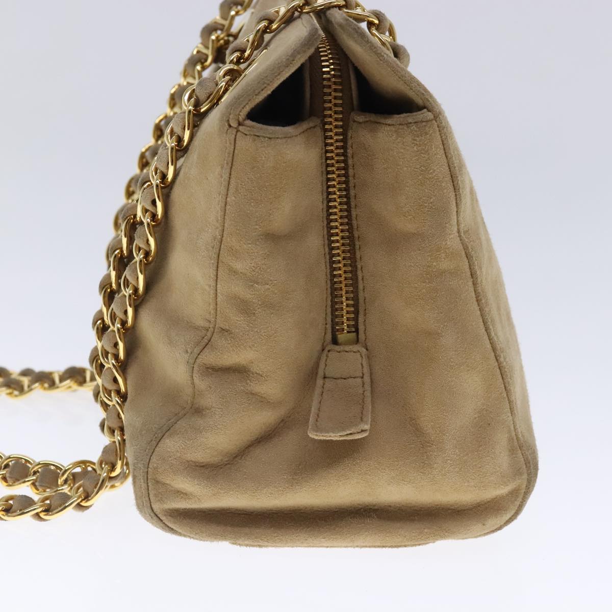 PRADA Chain Shoulder Bag Suede Beige Gold Auth 94408