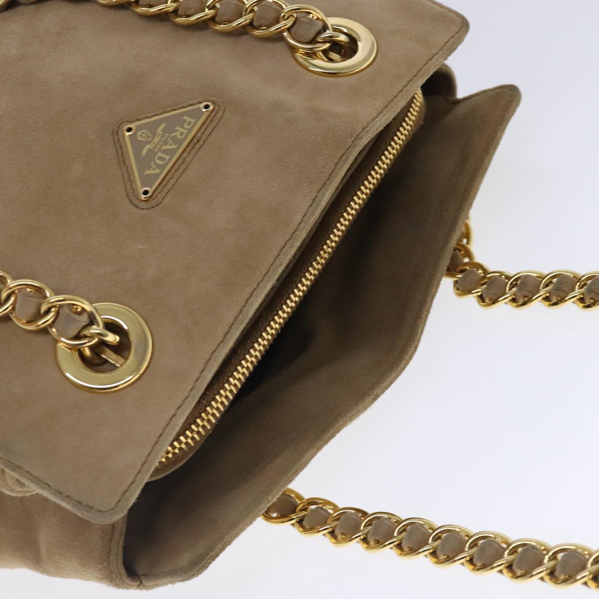 PRADA Chain Shoulder Bag Suede Beige Gold Auth 94408