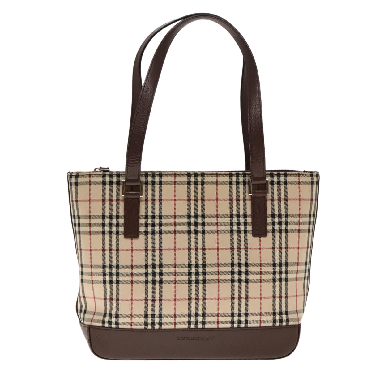 BURBERRY Nova Check Hand Bag Canvas Leather Beige Brown Silver Auth 94410