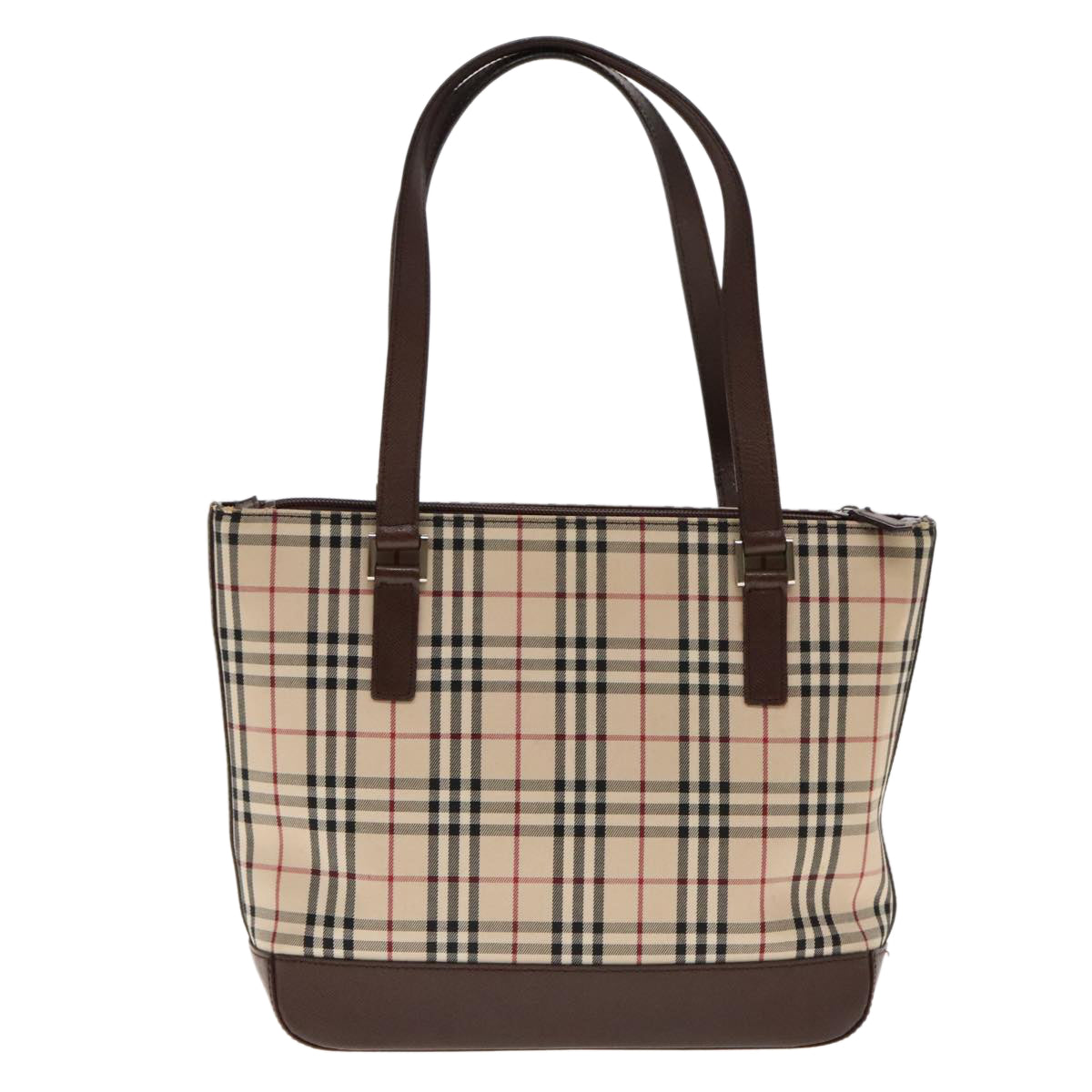 BURBERRY Nova Check Hand Bag Canvas Leather Beige Brown Silver Auth 94410 - 0