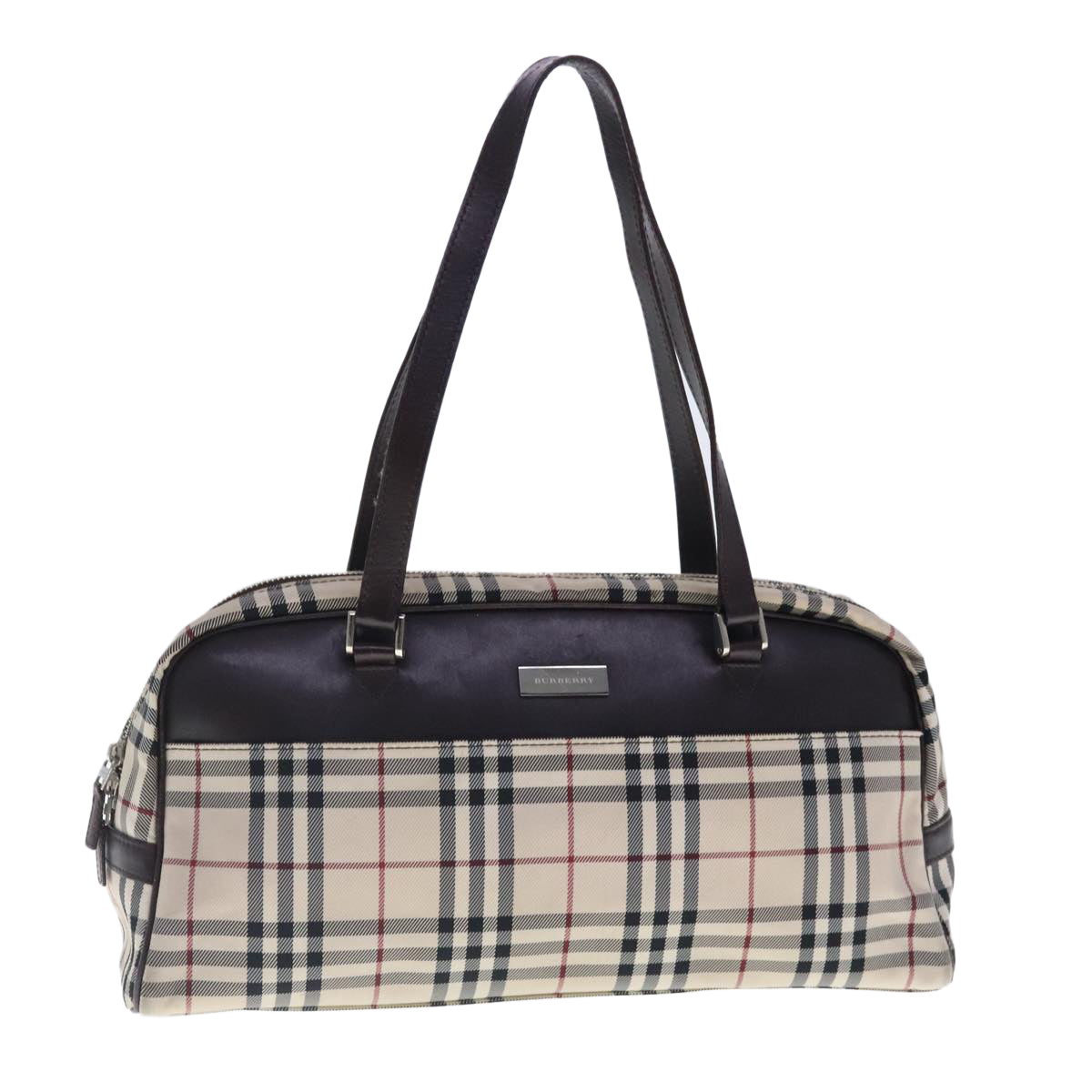 BURBERRY Nova Check Hand Bag Canvas Beige Silver Auth 94411