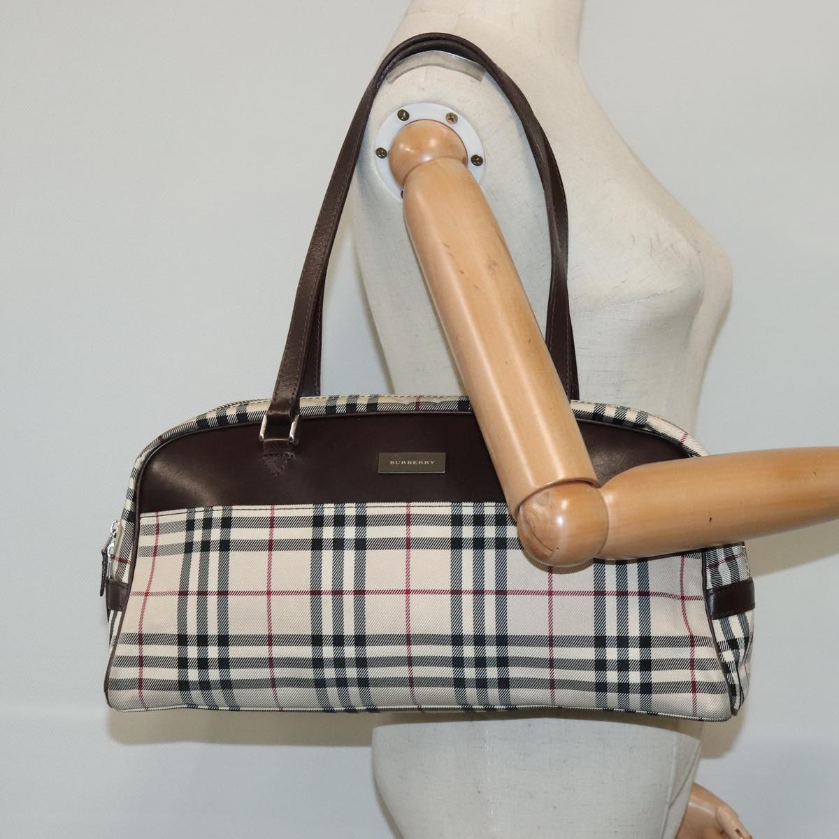 BURBERRY Nova Check Hand Bag Canvas Beige Silver Auth 94411