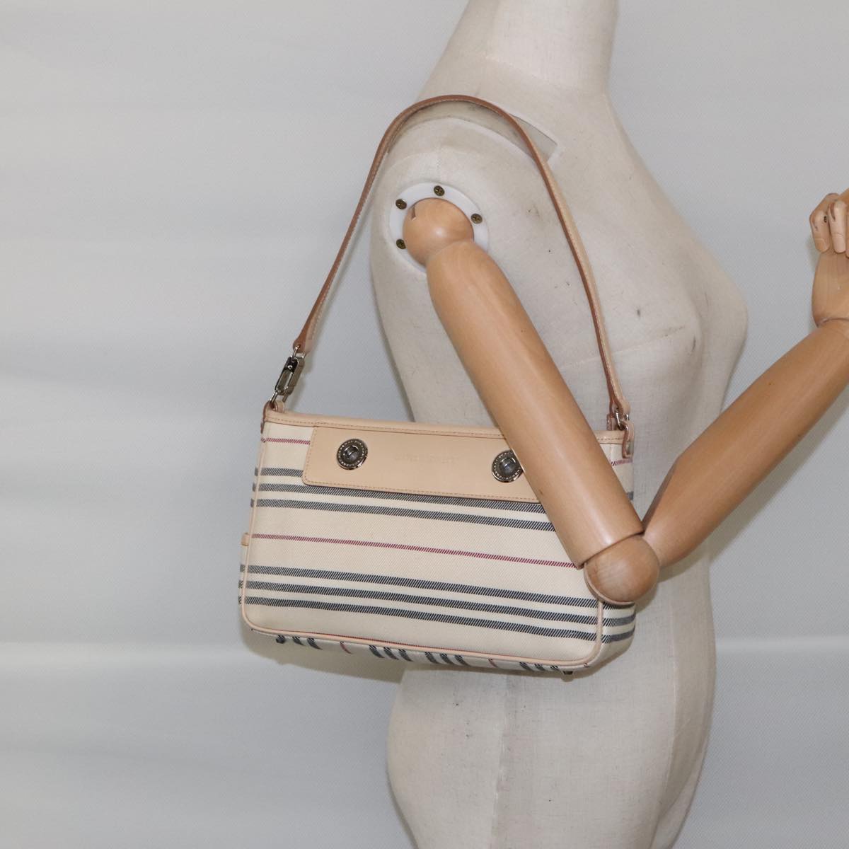 BURBERRY Nova Check Hand Bag Canvas Beige Silver Auth 94412