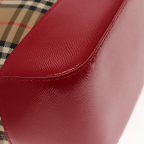 Burberry Nova Check Umhängetasche Canvas Leder Beige Rot Silber Auth 94414
