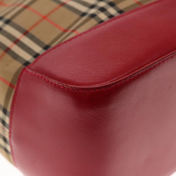 Burberry Nova Check Umhängetasche Canvas Leder Beige Rot Silber Auth 94414