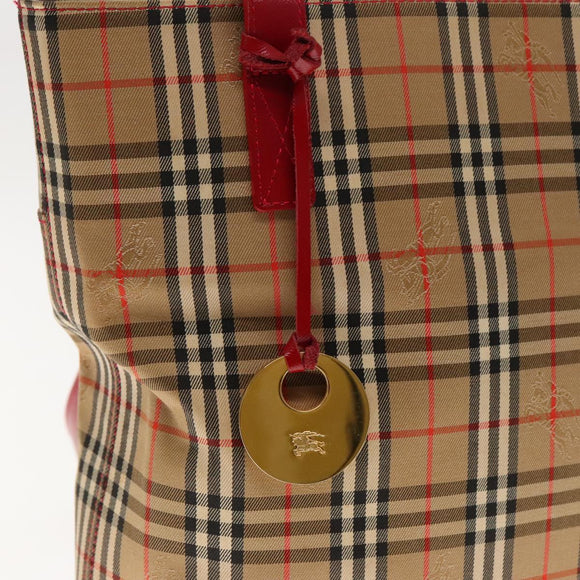 Burberry Nova Check Umhängetasche Canvas Leder Beige Rot Silber Auth 94414