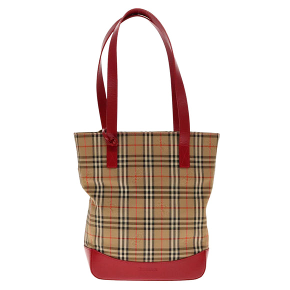 Burberry Nova Check Umhängetasche Canvas Leder Beige Rot Silber Auth 94414