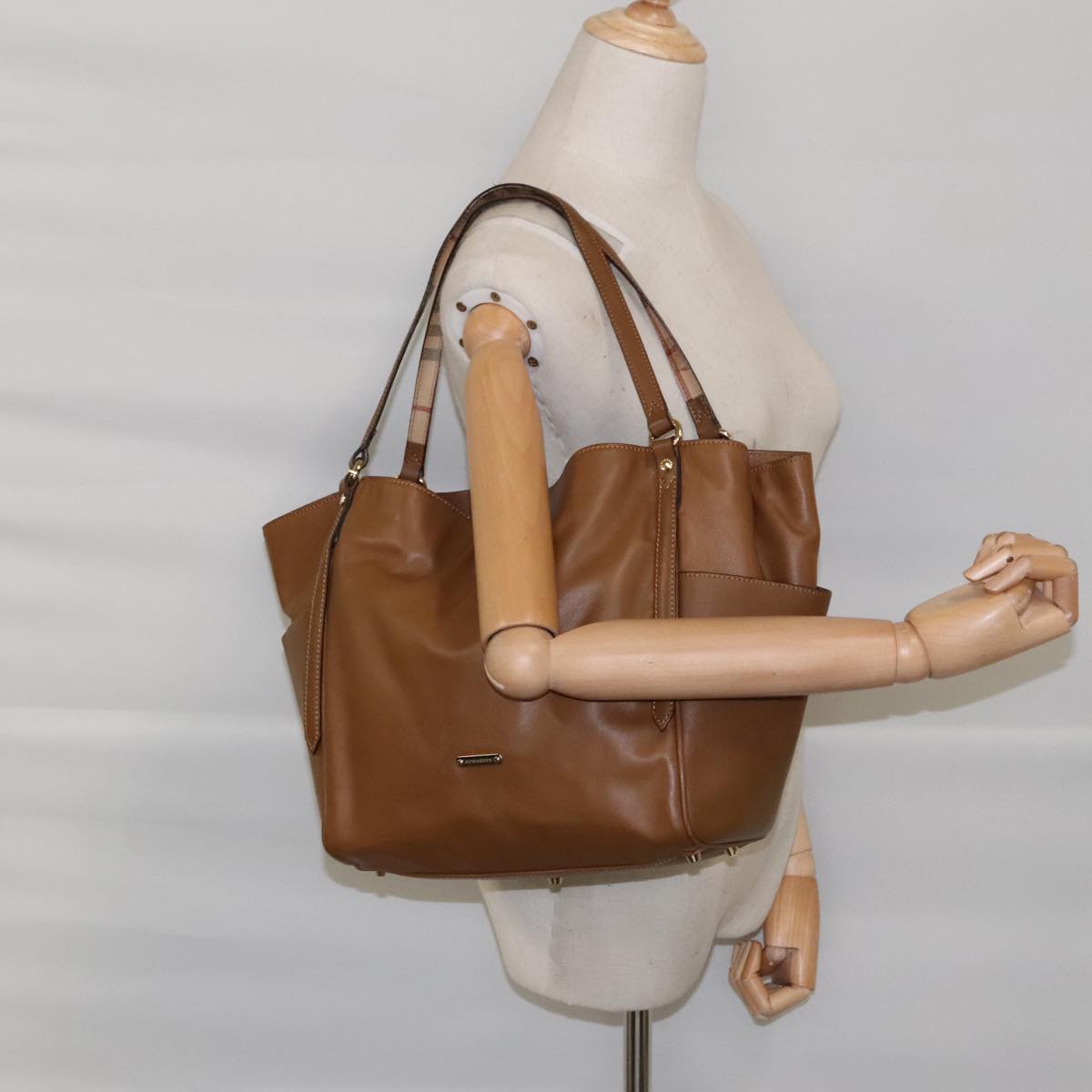 BURBERRY Tote Bag Leather Brown Gold Auth 94415