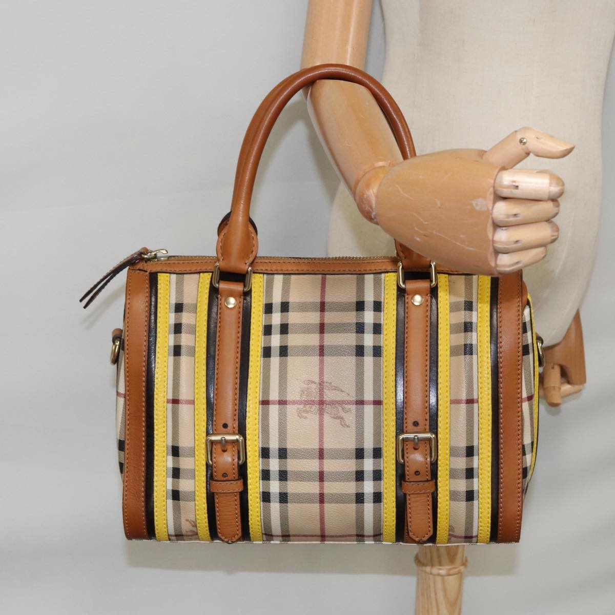 BURBERRY Nova Check Hand Bag PVC Beige Gold Auth 94418