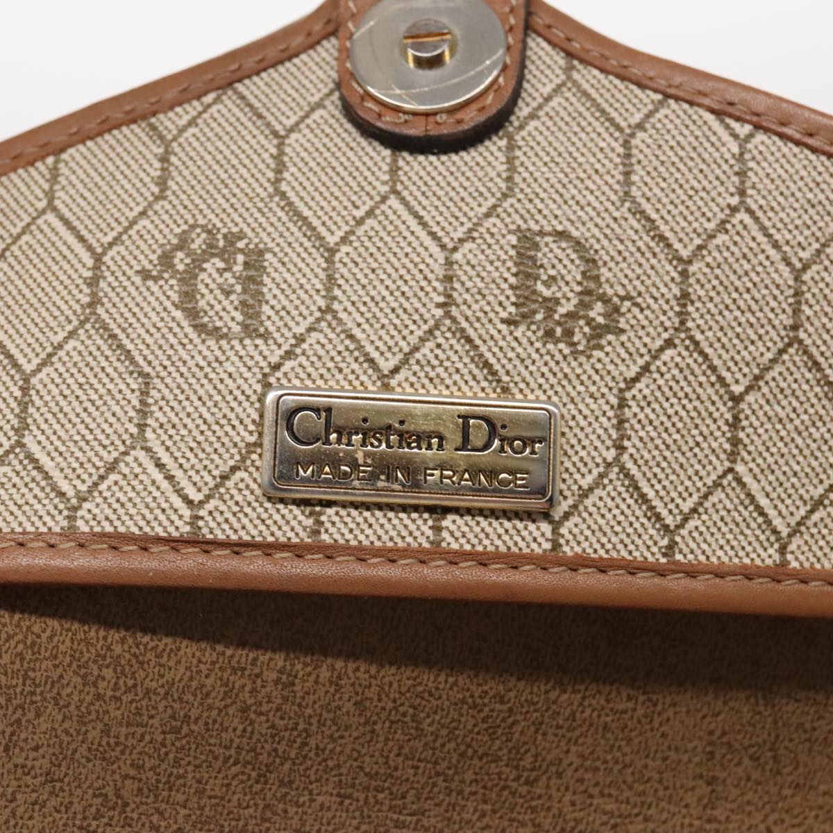 Christian Dior Honeycomb Canvas Shoulder Bag PVC Leather Beige Gold Auth 94420