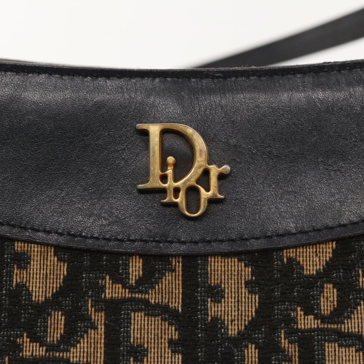 Christian Dior Trotter Canvas Shoulder Bag Navy Gold Auth 94423