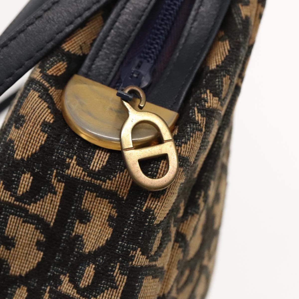 Christian Dior Trotter Canvas Shoulder Bag Navy Gold Auth 94423