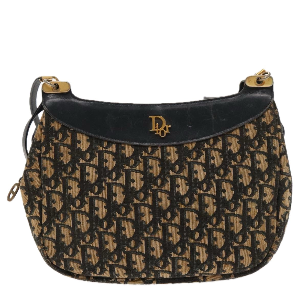 Christian Dior Trotter Canvas Shoulder Bag Navy Gold Auth 94423