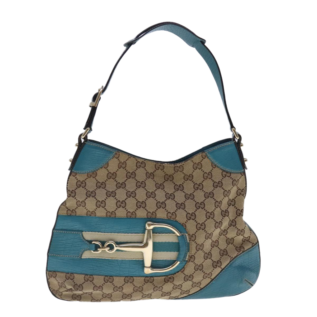 GUCCI Horsebit GG Canvas Shoulder Bag Beige Light Blue gold 137388 Auth 94439