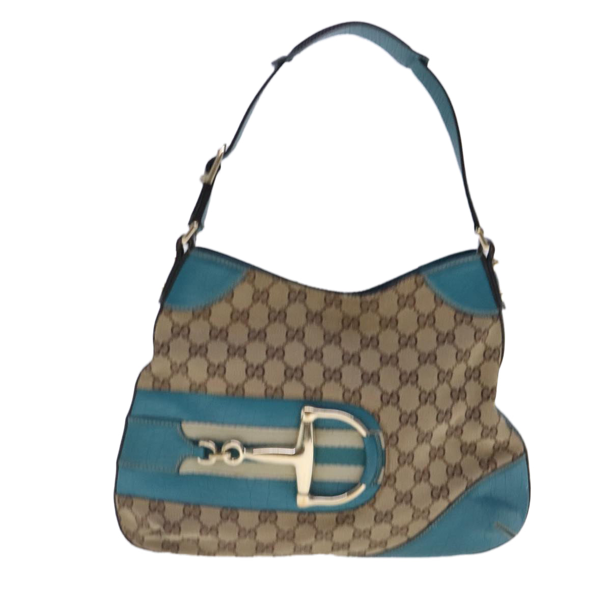 GUCCI Horsebit GG Canvas Shoulder Bag Beige Light Blue gold 137388 Auth 94439 - 0