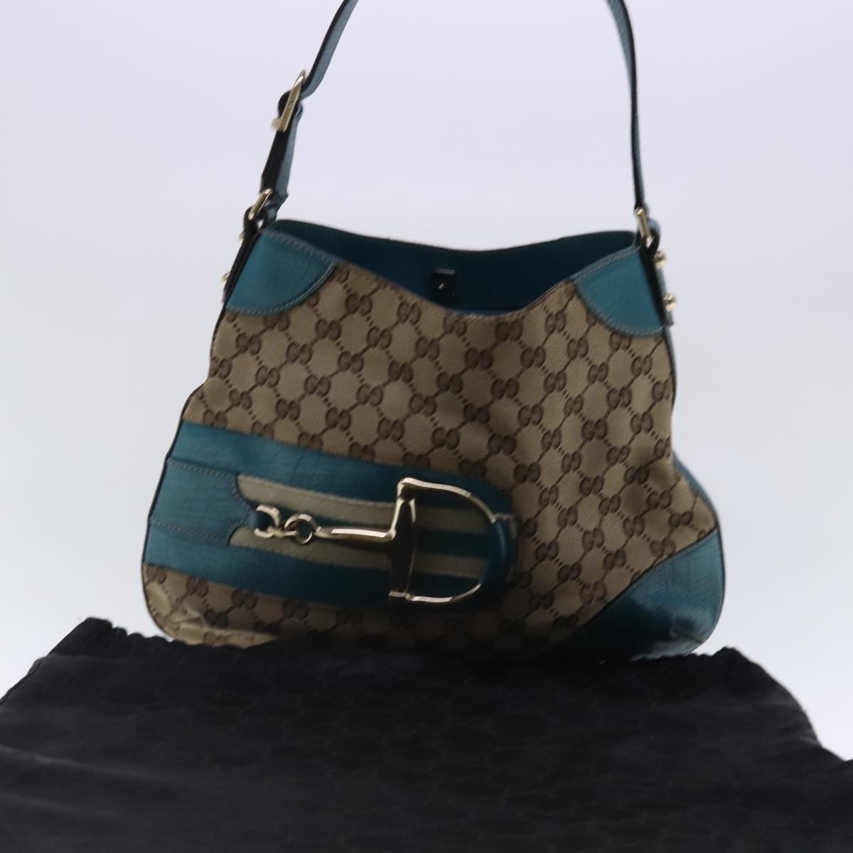 GUCCI Horsebit GG Canvas Shoulder Bag Beige Light Blue gold 137388 Auth 94439