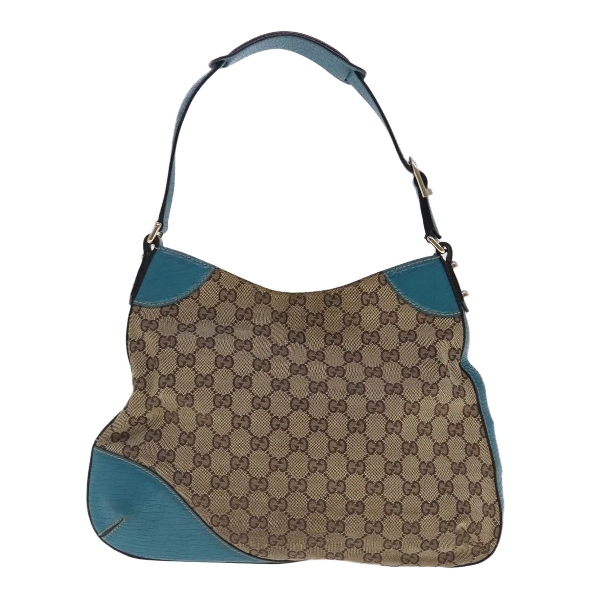 GUCCI Horsebit GG Canvas Shoulder Bag Beige Light Blue gold 137388 Auth 94439