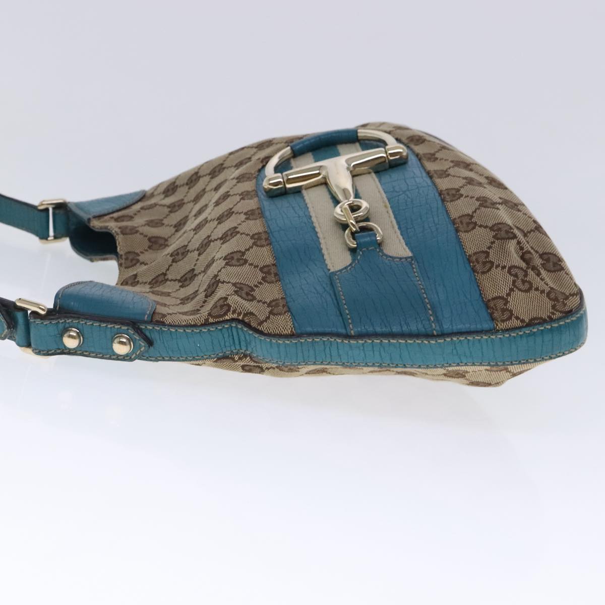 GUCCI Horsebit GG Canvas Shoulder Bag Beige Light Blue gold 137388 Auth 94439