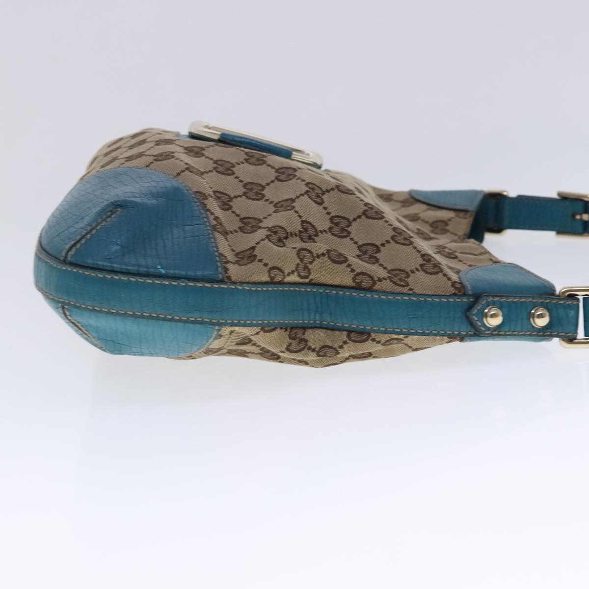 GUCCI Horsebit GG Canvas Shoulder Bag Beige Light Blue gold 137388 Auth 94439