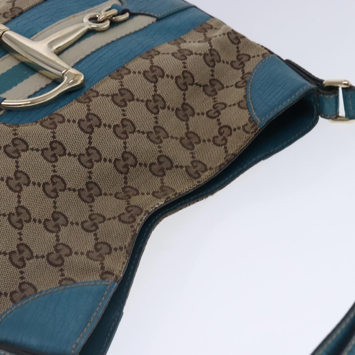 GUCCI Horsebit GG Canvas Shoulder Bag Beige Light Blue gold 137388 Auth 94439