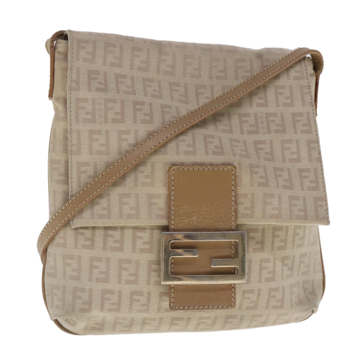 FENDI Zucchino Canvas Shoulder Bag Beige Gold Auth 94453