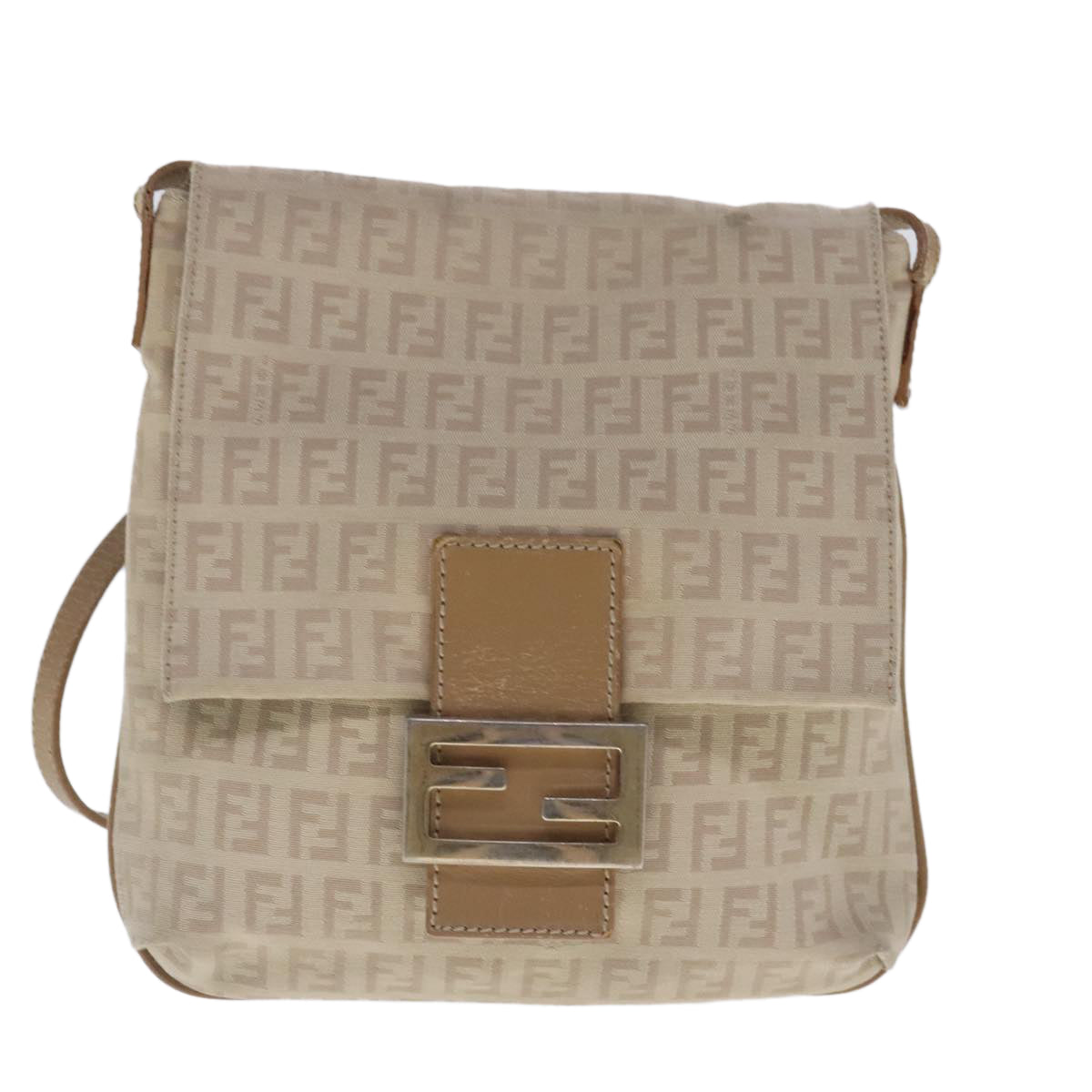 FENDI Zucchino Canvas Shoulder Bag Beige Gold Auth 94453