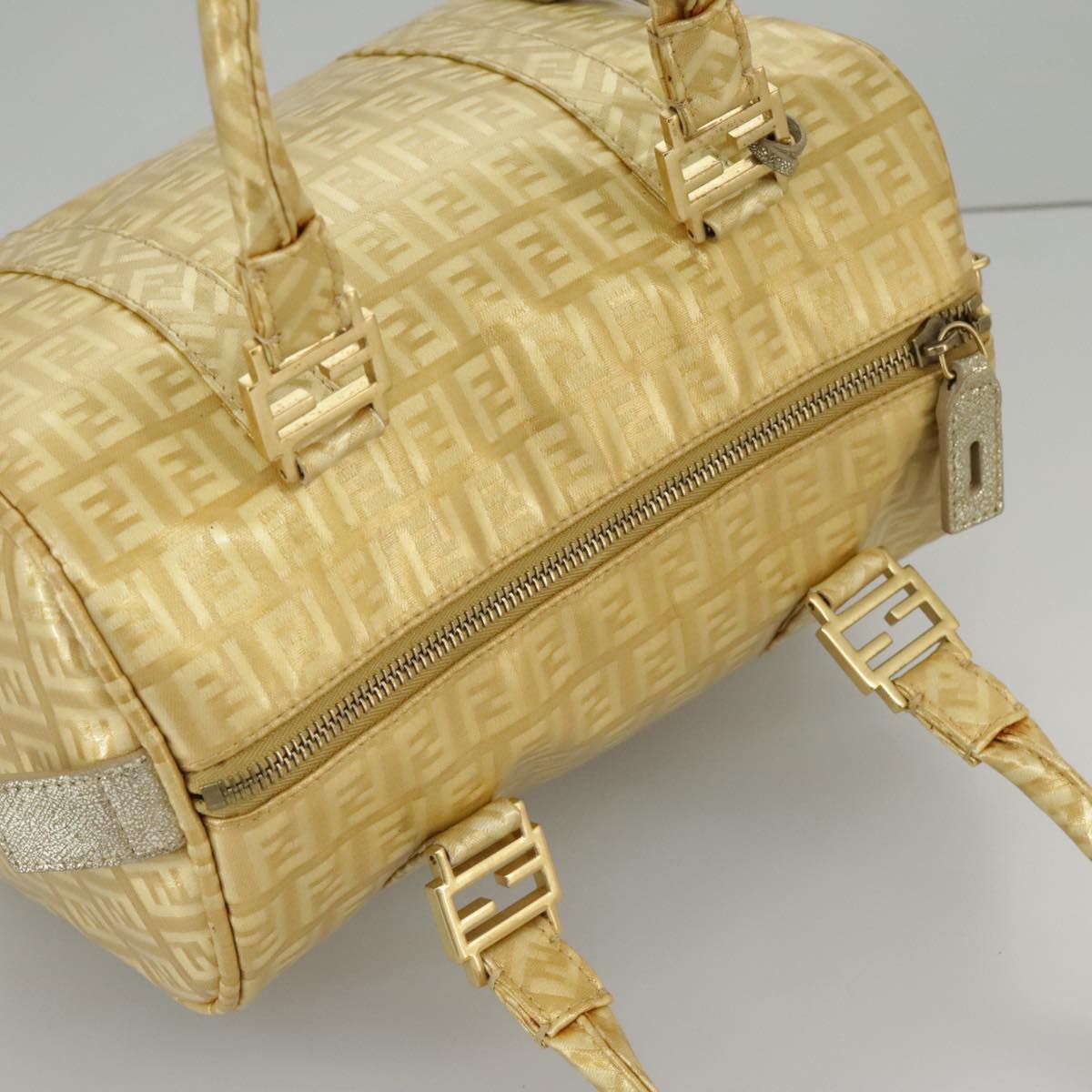 FENDI Zucchino Canvas Hand Bag Gold Auth 94454