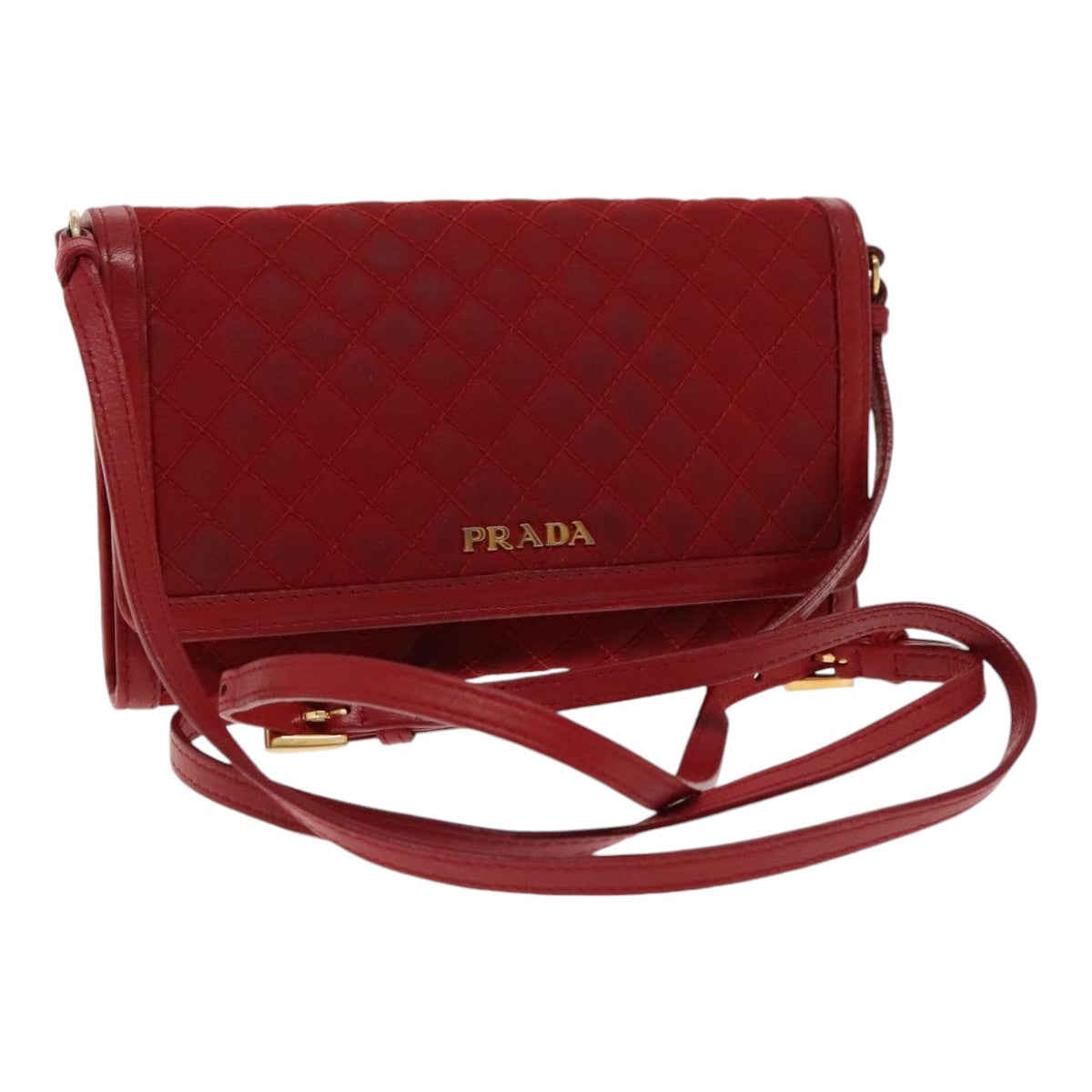 PRADA Quilted Shoulder Bag Nylon Red Gold Auth 94457