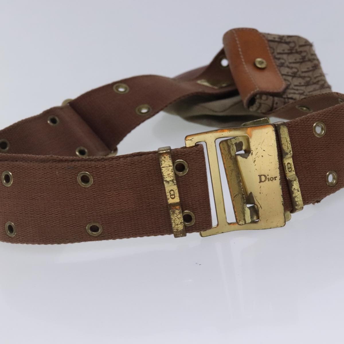 Christian Dior Trotter Canvas Belt 29.5"" Beige Gold Auth 94461