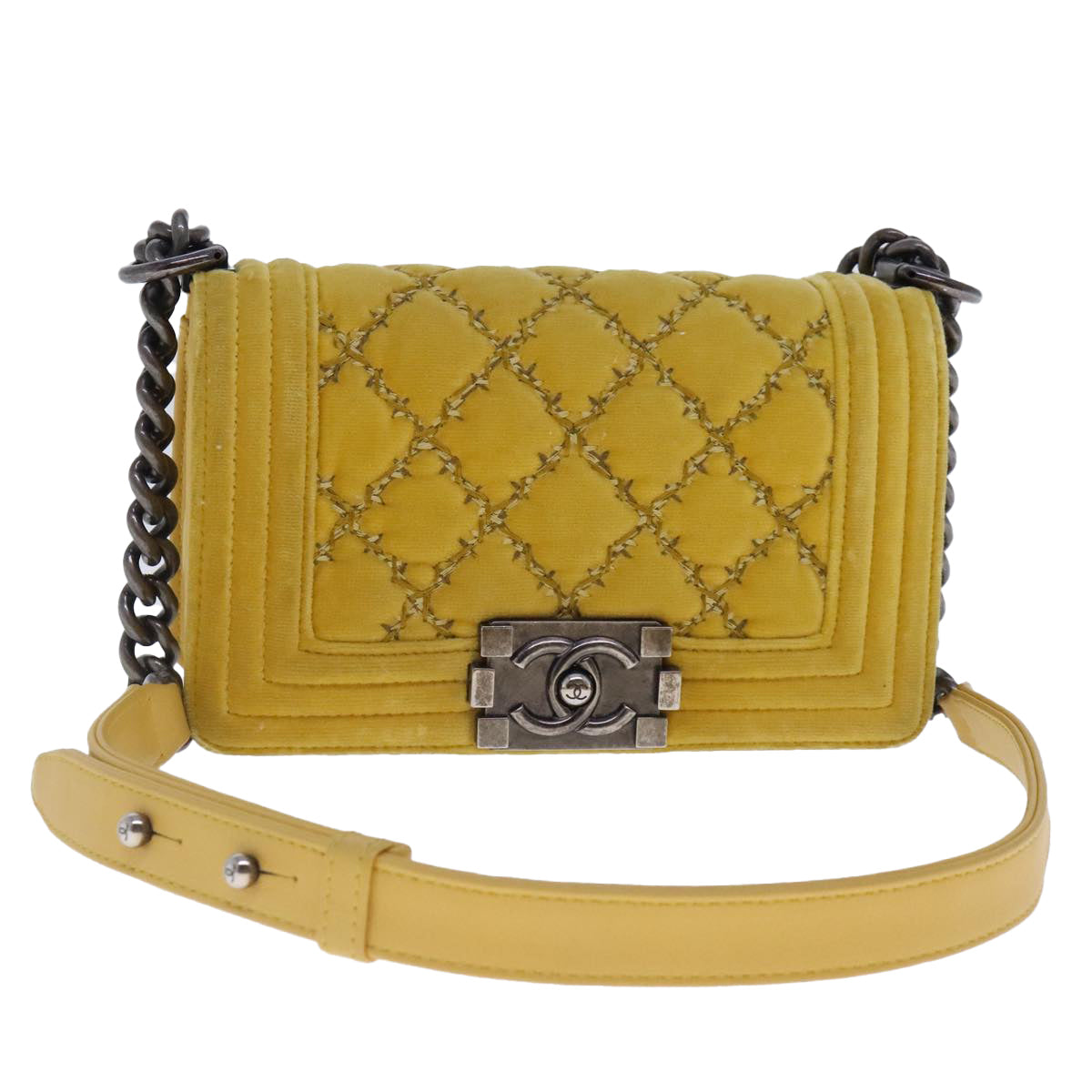 CHANEL Matelasse 20 Chain Boy Chanel Shoulder Bag Velor Yellow CC Auth 94468A