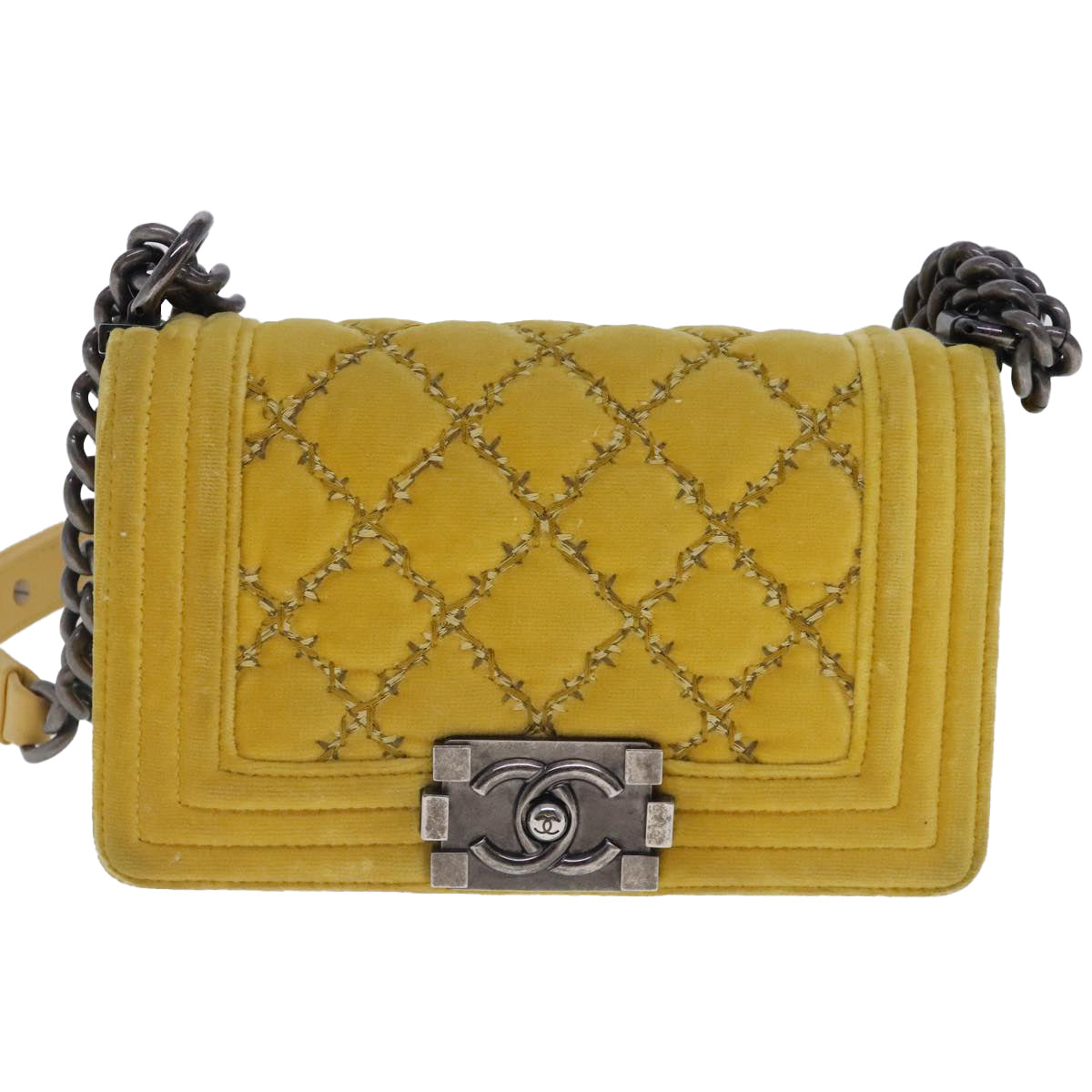 CHANEL Matelasse 20 Chain Boy Chanel Shoulder Bag Velor Yellow CC Auth 94468A - 0