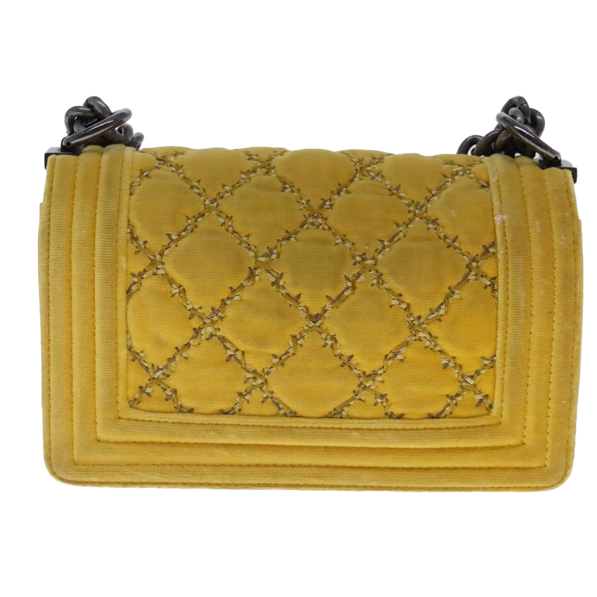 CHANEL Matelasse 20 Chain Boy Chanel Shoulder Bag Velor Yellow CC Auth 94468A